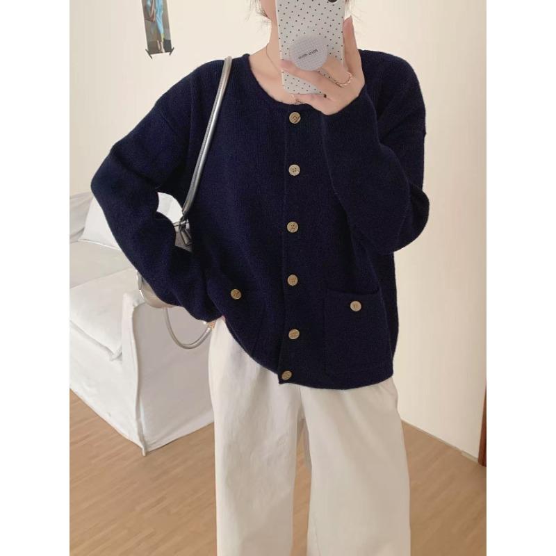 Autumn and winter new round neck single-breasted knitted cardigan women's loose and thin versatile sweater women's coat women
