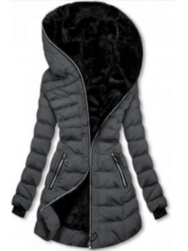 Women's Hooded Long Sleeve Zipper Jacket with Velvet Lining (Winter, Mid-Length, Style 9988)
