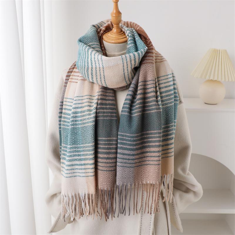 Simple Korean Style Plaid Women Scarf Imitation Cashmere Shawl Winter Thick Warm Neckerchief Echarpe Wrap Designer Lady