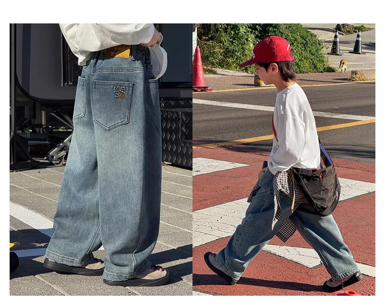 Barnbyxor i mjuk denim, lösa bananbyxor - 2026 Koreansk stil, avslappnade, vida ben för medelstora och stora pojkar