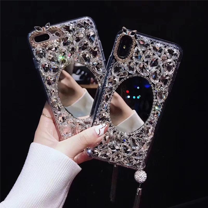 Luxury Full Diamond Suitable for Apple 17ProMax Mobile Phone Case Makeup Mirror 16 Flash Diamond Tassel 15 Premium 14 Protective Case