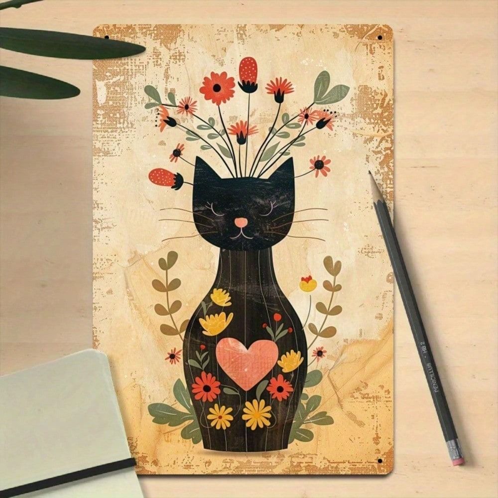 Vintage Cat Flower Heart Metal Poster Wall Art Kitchen Decor