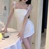 Petite Women's Summer Black Suspender Dress with Bow and Hip Skirt - French Sexy Style