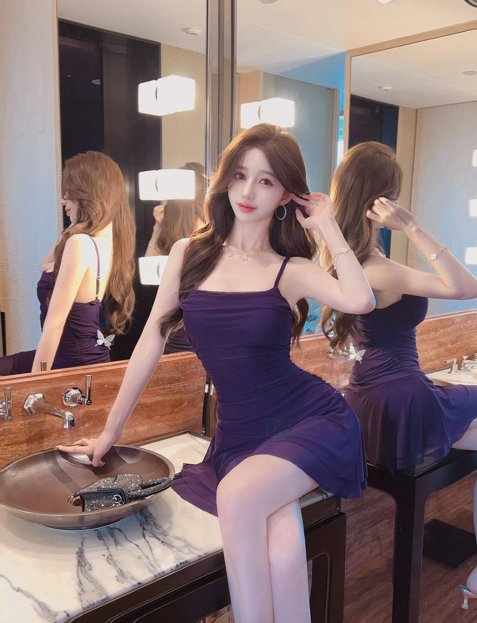 

Sexy ruffle edge short big pendulum mesh splicing suspender hip cover belly fold design dress L фіолетовий