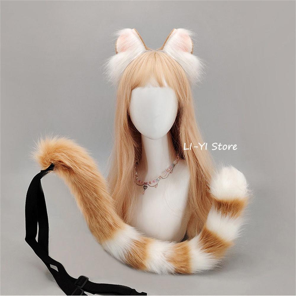 Set Bandană cu Urechi de Pisică American Curl Simulate Manual cu Coadă, Accesoriu Cosplay Pufos Realist Pentru Convenție Anime ear and tail white