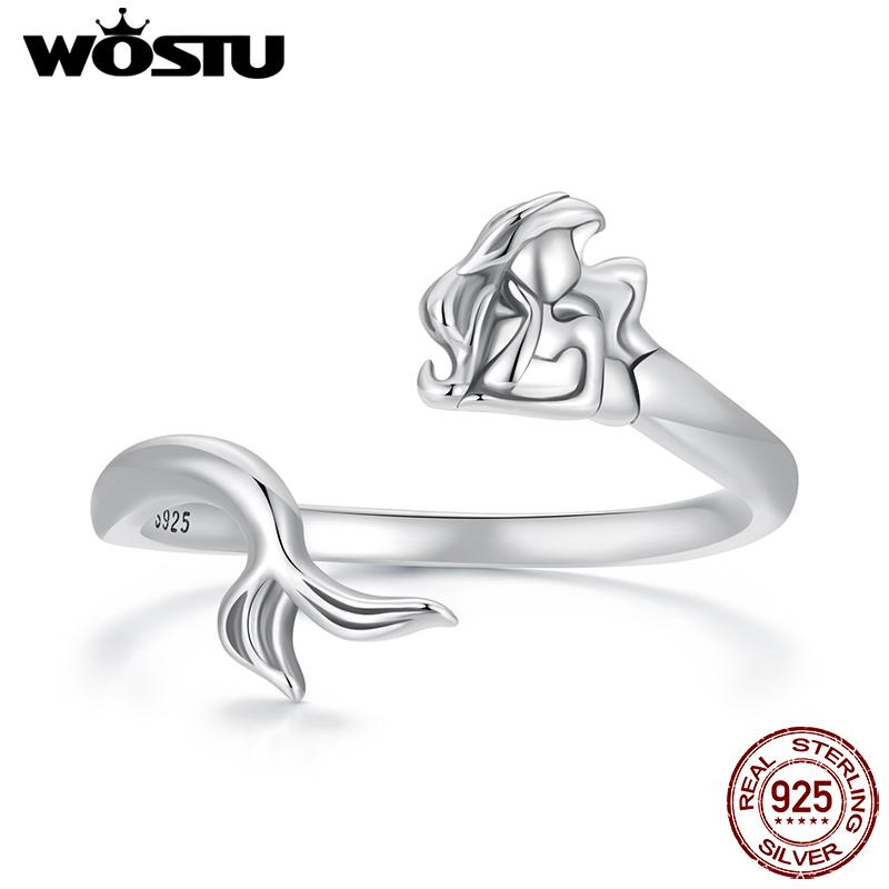 WOSTU 925 Sterling Silver Mermaid Opening Ring For Women Ocean Jewelry Holiday Gift Mermaid Tail Adjust Rings Anillo Party Gift