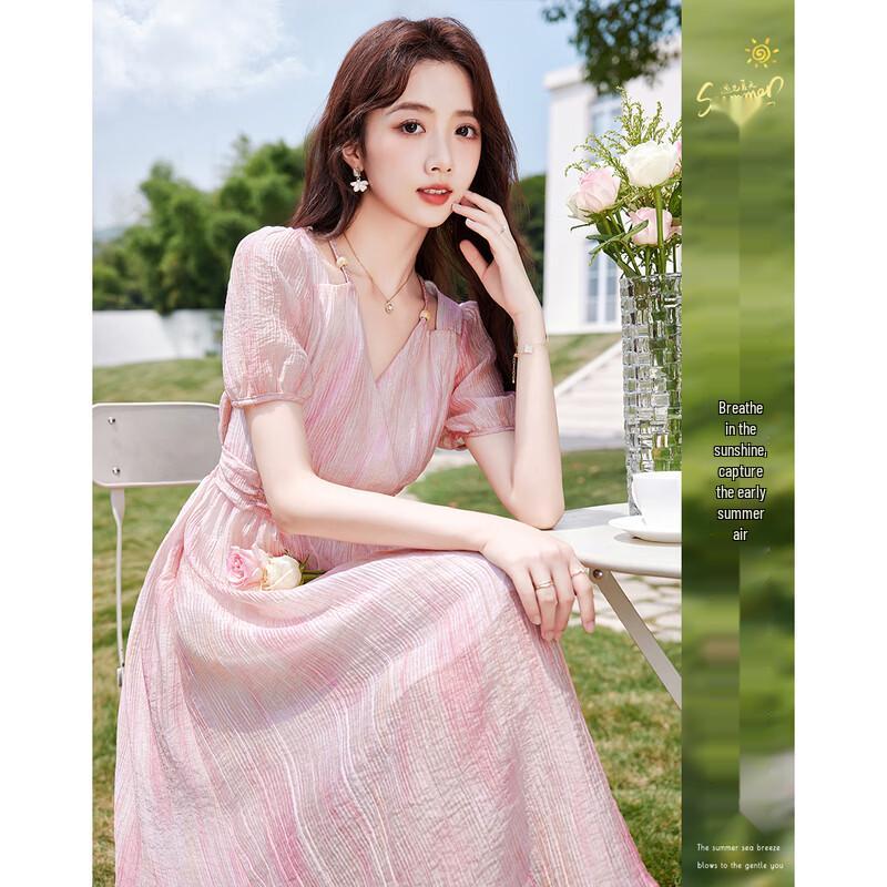 Pink V-Neck Puff Sleeve A-Line Midi Dress L