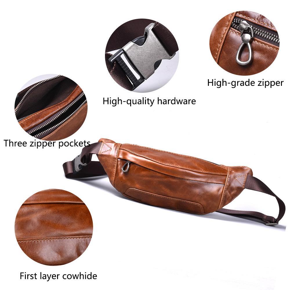 Leather Men'S Retro Breast Bag, First-Layer Cowhide Multi-Compartment Mobile Phone Fanny Pack, Outdoor Shoulder Messenger Bag.