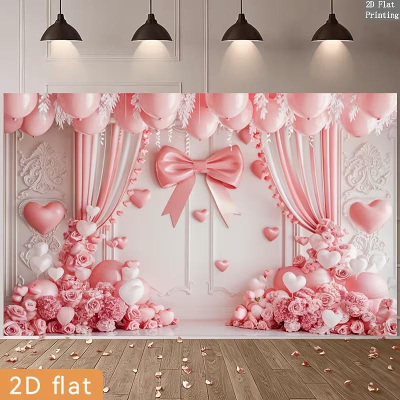 2D Printing Pink Bow Curtain Backdrop, Wedding Valentine's Day Party Background