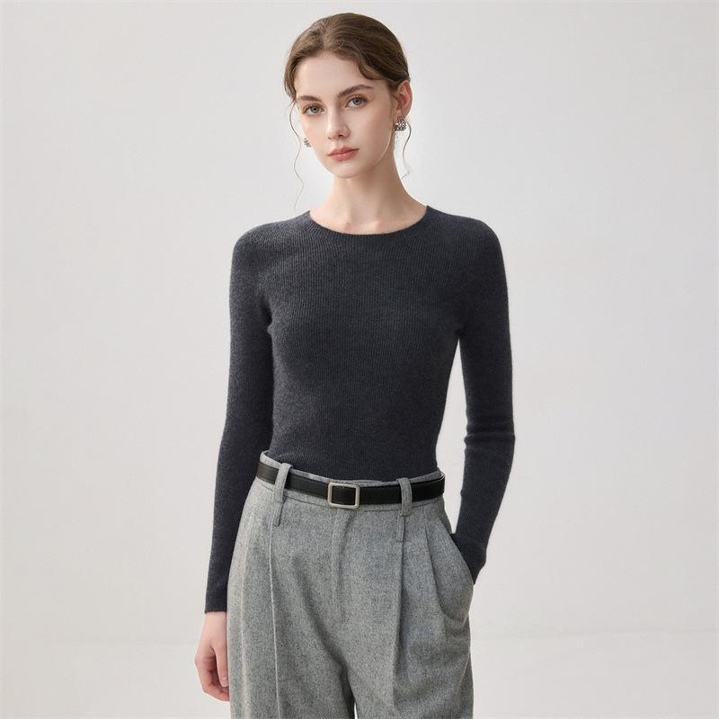 100% Pure Cashmere Slim Fit Women's Round Neck Knit Sweater for Autumn and Winter