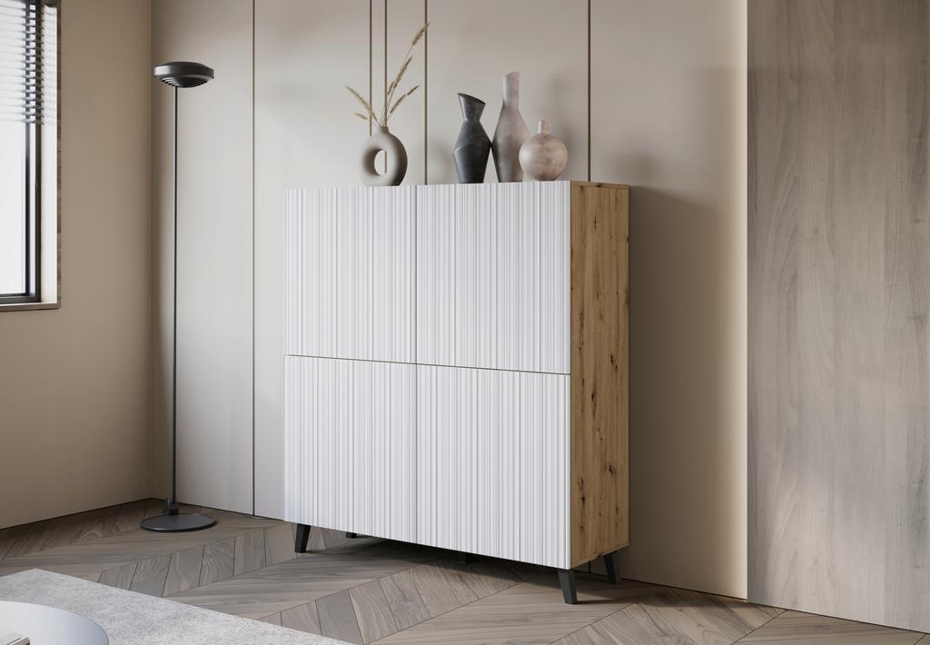 Tall 120 Cm Chest of Drawers for the Living Room, Artisan, White MDF Fronts with Fine Grooves