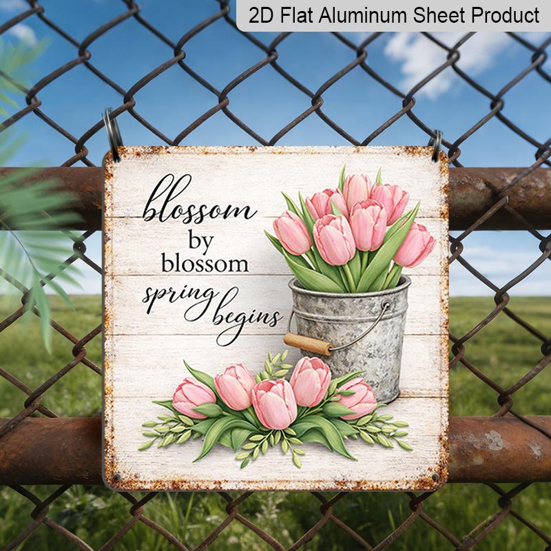 2D Flat, 1pc, Spring Decor, Elegant Tulip Sign, Vintage Aluminium Sign, Home Wall Art, Inspirational Floral Decor for Garden, Courtyard, Living Room