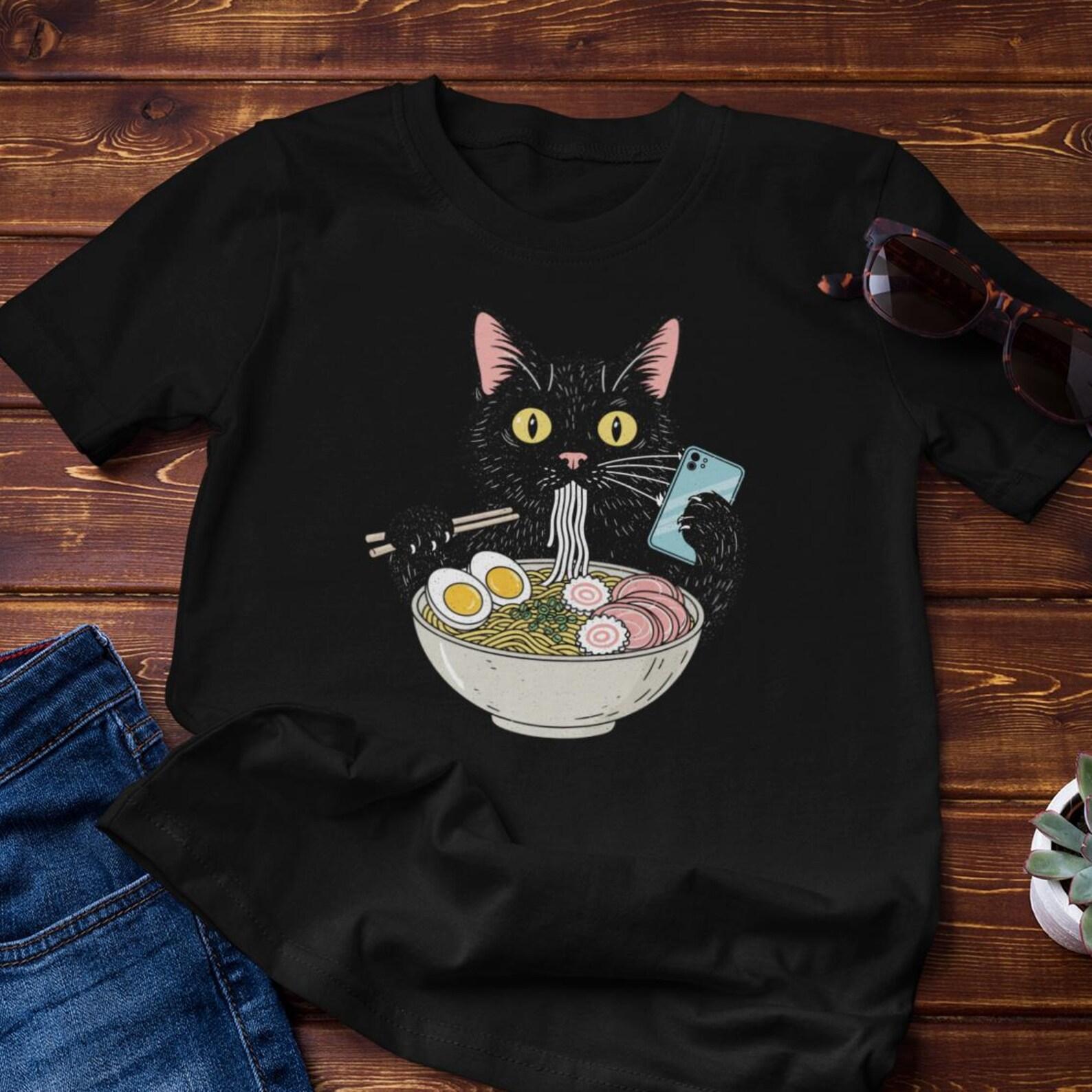 Funny Shirt - Black Cat Ramen | Neko Ramen Selfie - Cotton Tee L