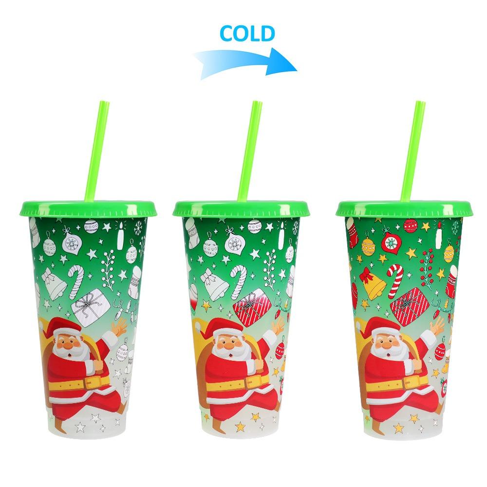 

New Plastic Color Changing Cup Discoloration Dining Supplies Cold Drink Cup 710ml Reusable Straw Cup Christmas