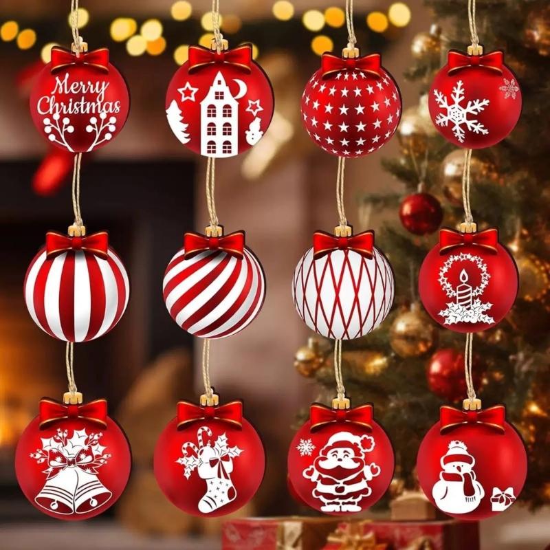 Packung mit 12 natürlichen Holz-Rotkugel-Weihnachtsbaumschmuck Hängedekoration für Baum Wand Feierparty Zubehör
