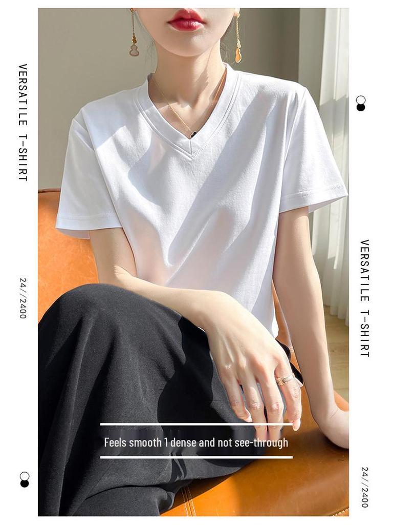 High-Quality Women's V-Neck Short-Sleeve Mercerized Cotton T-Shirt: Non-See-Through, Casual, Sweat-Absorbent, Breathable, Versatile Fit.