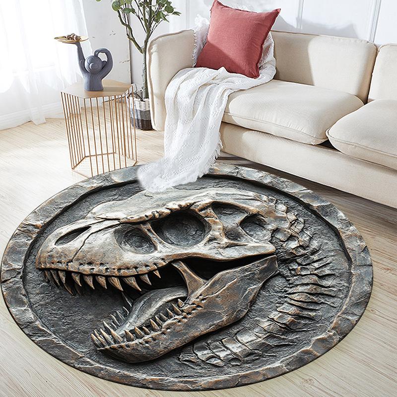 Dinosaur Skull Round Area Rug,Carpet Rug for Living Room Bedroom Sofa Playroom Decor,Non-slip Floor Mat