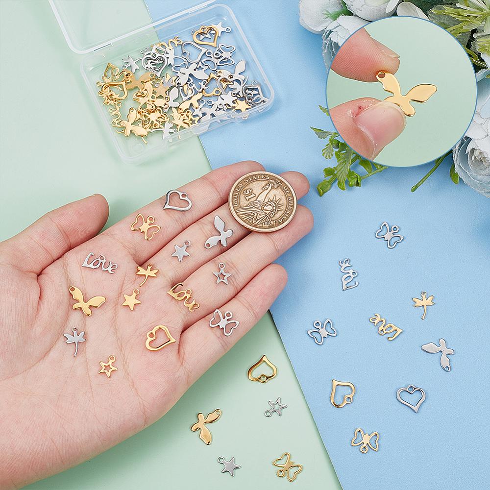 2 Colors 304 Stainless Steel Charms Mixed Shapes Golden & Stainless Steel Color 84pcs/box