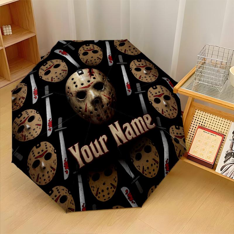 Custom Text Automatic 8 Bone Umbrella, Portable Sun Rain Protection UmbrellaFriday the 13th Jason Voorhees
