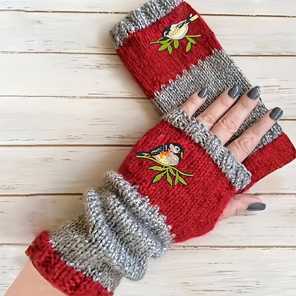 Soft Knitted Fingerless Gloves Embroidered Bird Y2k Winter Mittens Half Finger Gloves  Women