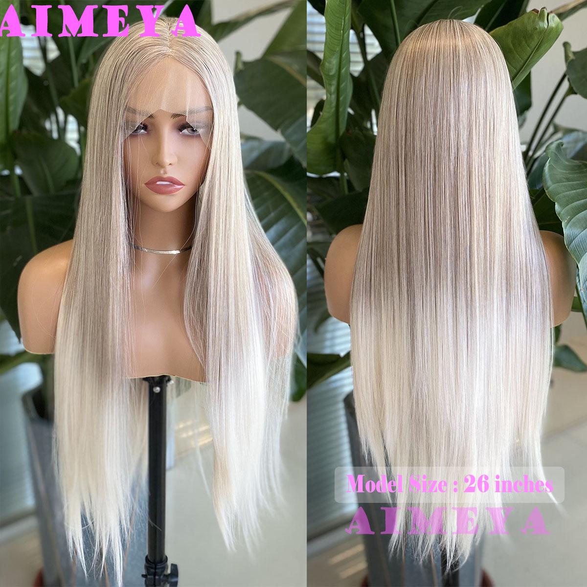 

AIMEYA Ombre Blonde Long Straight Wig Mix Color Lace Front Wig Synthetic Hair Brown Blonde Highlighted Lace Wig Daily Use (as the picture,Lace Front)