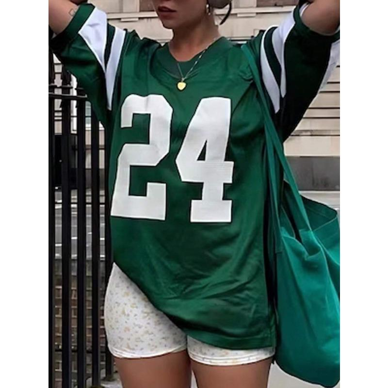 Women Streetwear Number 24 Print Round-Neck Fashion Short Sleeve T-Shirt Summer Baseball