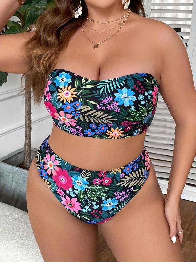 2024 Plus Size High Waist Bandeau Swimsuit - European & American Print
