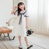 Girls' Cotton Short-Sleeve College Style Dress with Turn-Down Collar – White, Summer 2025