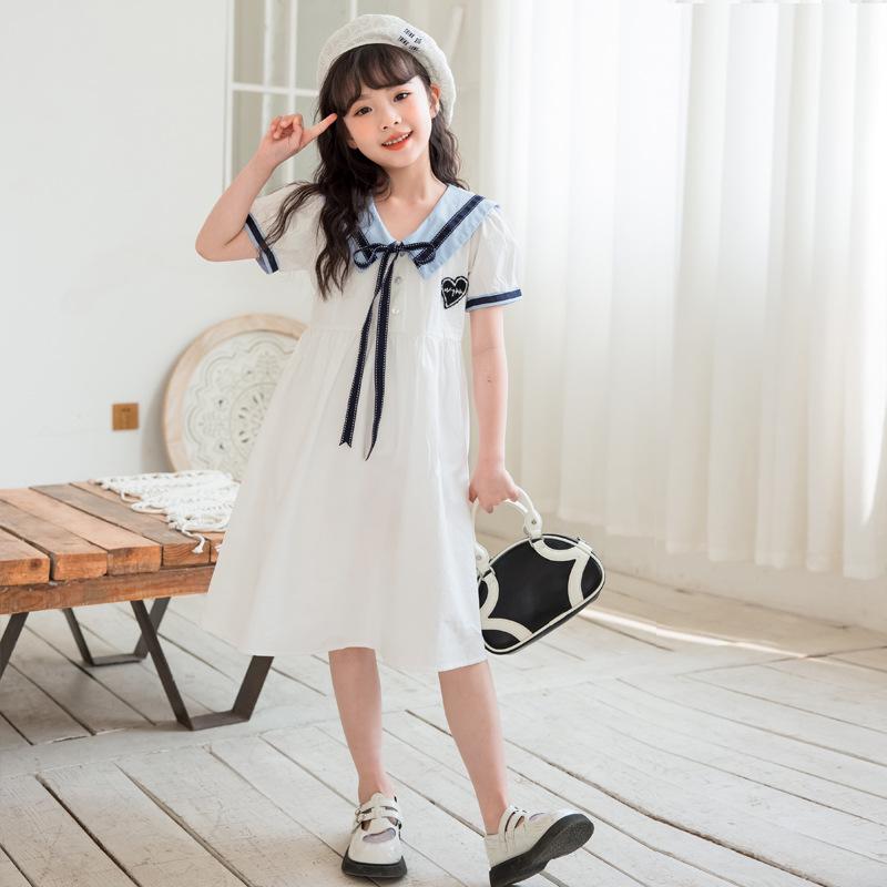 Girls' Cotton Short-Sleeve College Style Dress with Turn-Down Collar – White, Summer 2025
