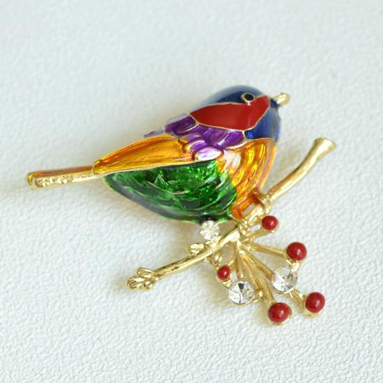 Enamel Colorful Bird Faux Brooch Bird Alloy Crystal Branch Lapel Pin Sweater