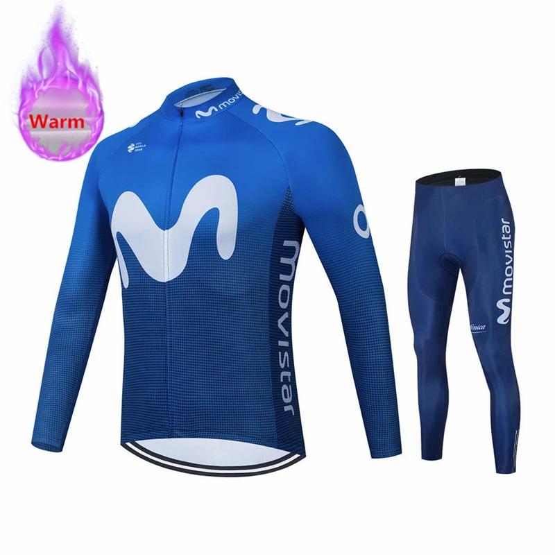 Movistar Racing Thermal Fleece Cycling Jersey Set Bicycle Bib Shorts Bike Clothing Ropa Maillot Ciclismo Hombre Bicicleta Kit