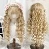 Gold Deep Wavy Lolita Wig with Bangs Synthetic Golden Pink Brown Long Curly Cosplay Natural Wigs for Women Halloween Party Daily