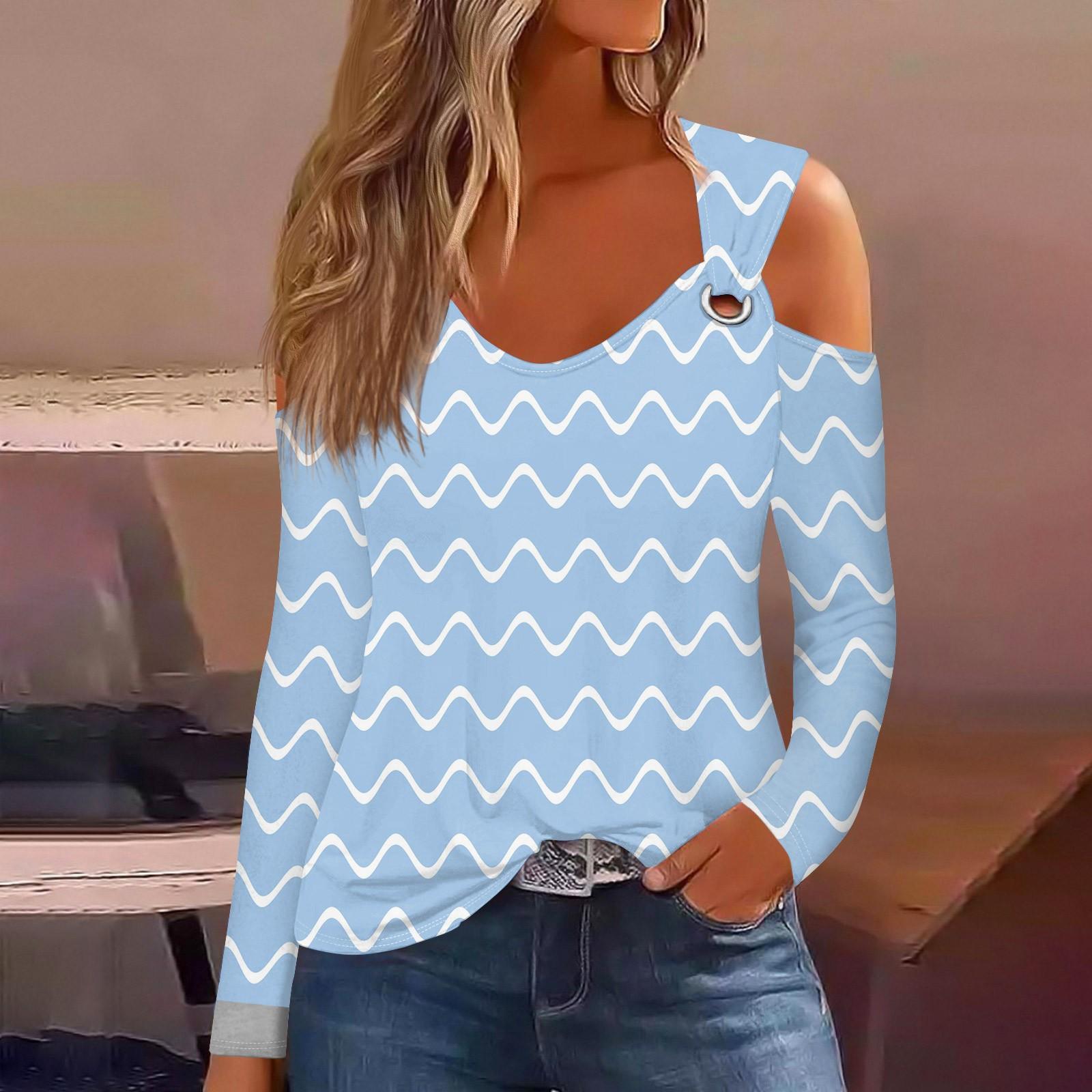 

Женская модная полосатая футболка с V-образным вырезом и длинным рукавом, на пуговицах, с открытыми плечами L