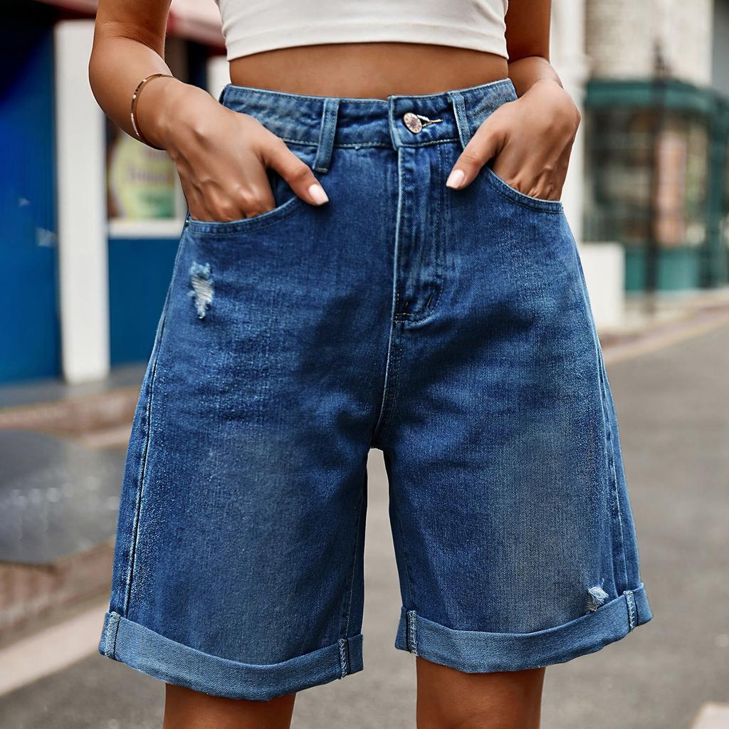 Hole Jeans Women Vintage Straight Fifth Pants Knee Length Distressed Washed Mid Waist Pockets Female Denims Streetwear