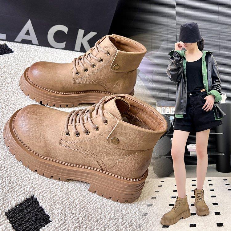 thick-soled thick-heeled flip-top frosted leather Martin boots women's boots 2025 new British style recreational locomotive medium boots short boots
