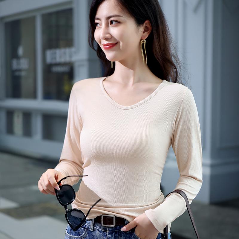 2025 Slim V-Neck Ribbed Long-Sleeve Top - Versatile Solid Color for Women's Layering
