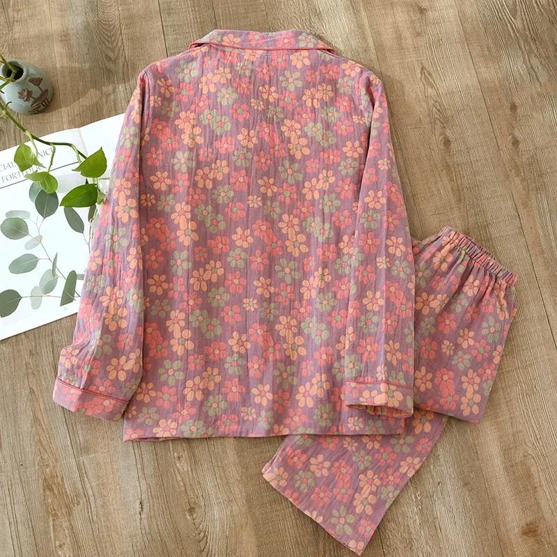 New Arrival SpringSummer Pajama Set 100 Cotton Fragmented Flower Long-cut Sleeved Pants Two Piece Buckle Set Ladies