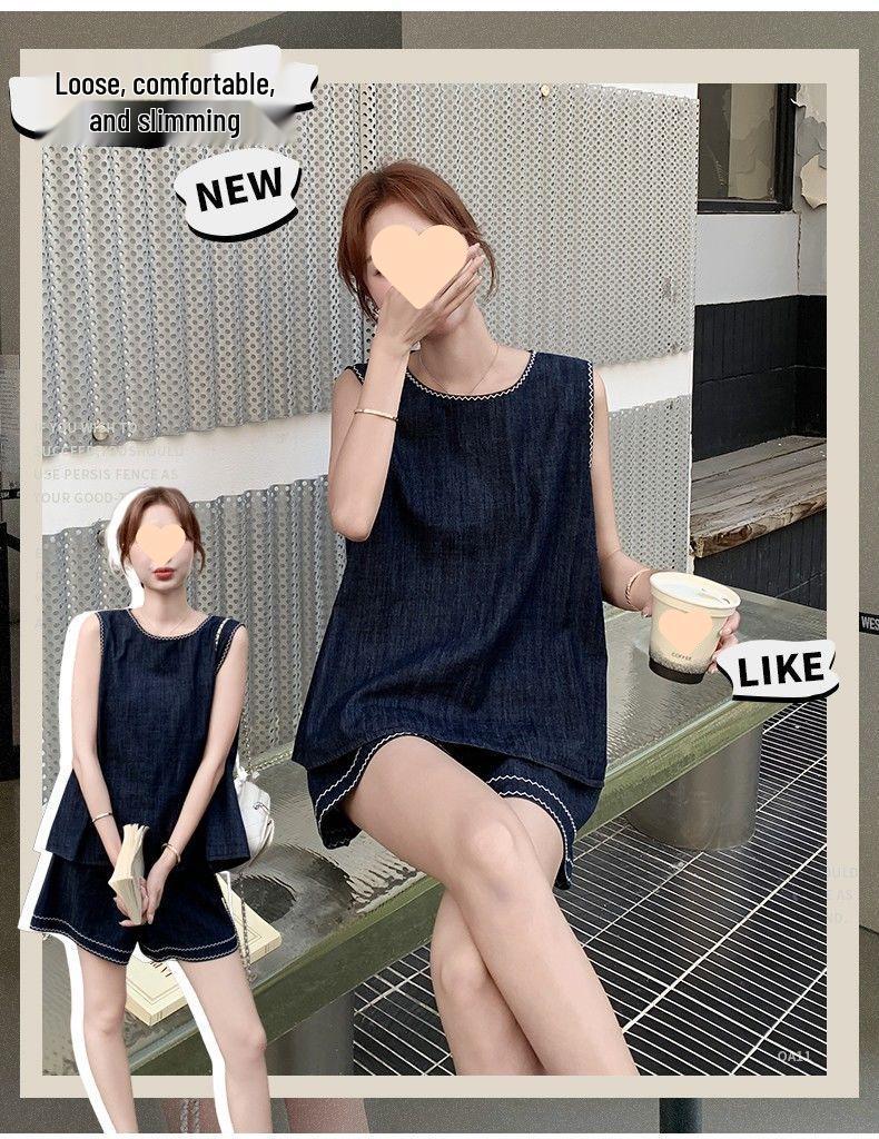 Women's Petite Denim Vest & Shorts Set - Slimming Casual Summer 2026 Two-Piece