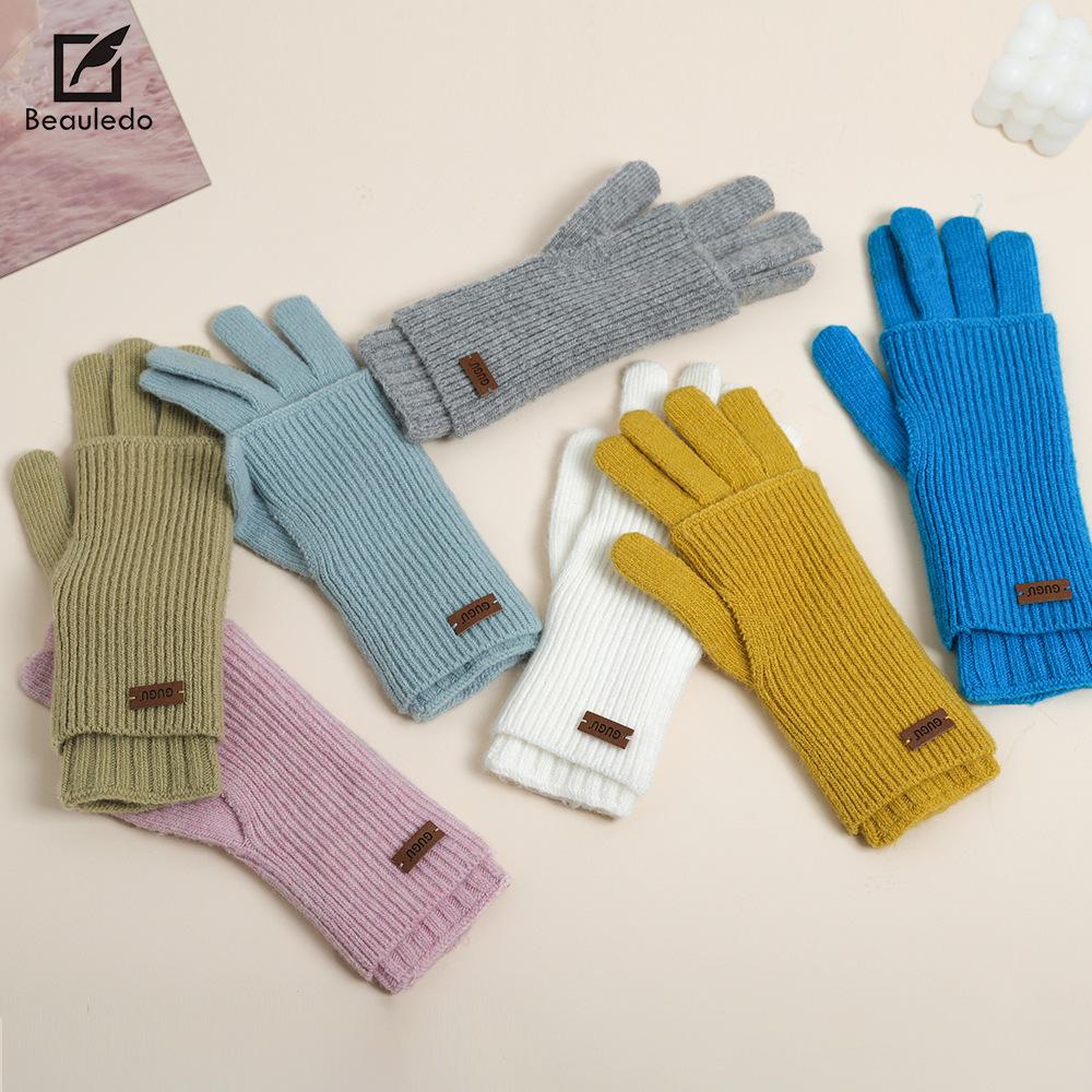 Knitted Wool Finger exposed Touch Screen Five finger Gloves for Women In Autumn and Winter Warmth Plus Velvet Thickening Riding Bike To Prevent Cold
