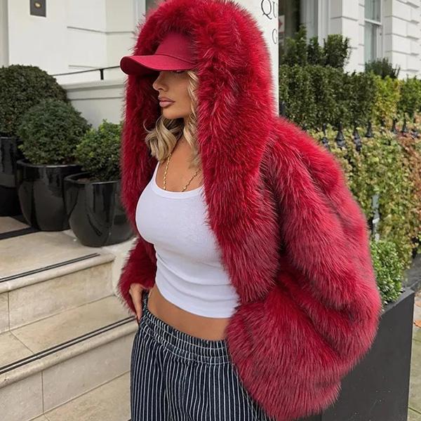 

Экологичная куртка с капюшоном из искусственного меха в стиле лисы, женское премиальное пушистое теплое пальто 2XL вино красного