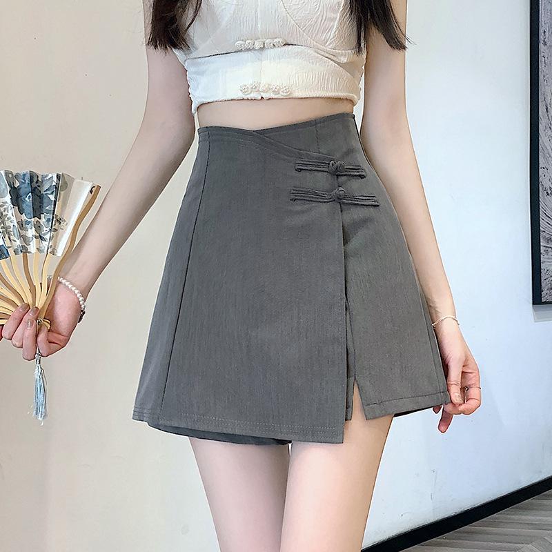 

Миди-юбка с разрезом и высокой талией в китайском стиле и облегающие шорты, стройнящие бедра, для женщин M серый