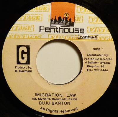 7-tums Skiva BUJU BANTON - Immigrationslag INGEN Penthouse Vinta Jamaica Reggae, Ska & Dub Använd
