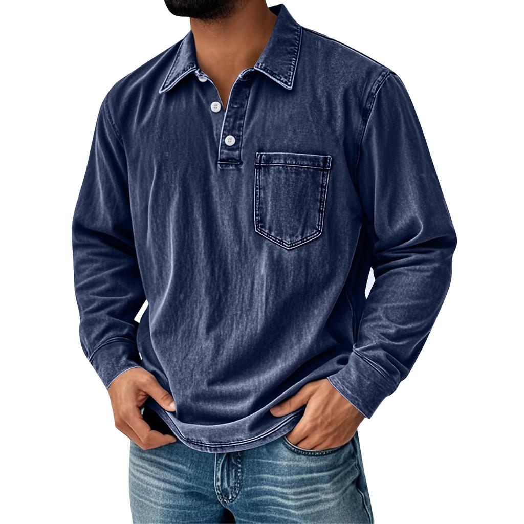 Men's Solid Color Washed Sports Button Pocket Lapel Collar Long Sleeve Top