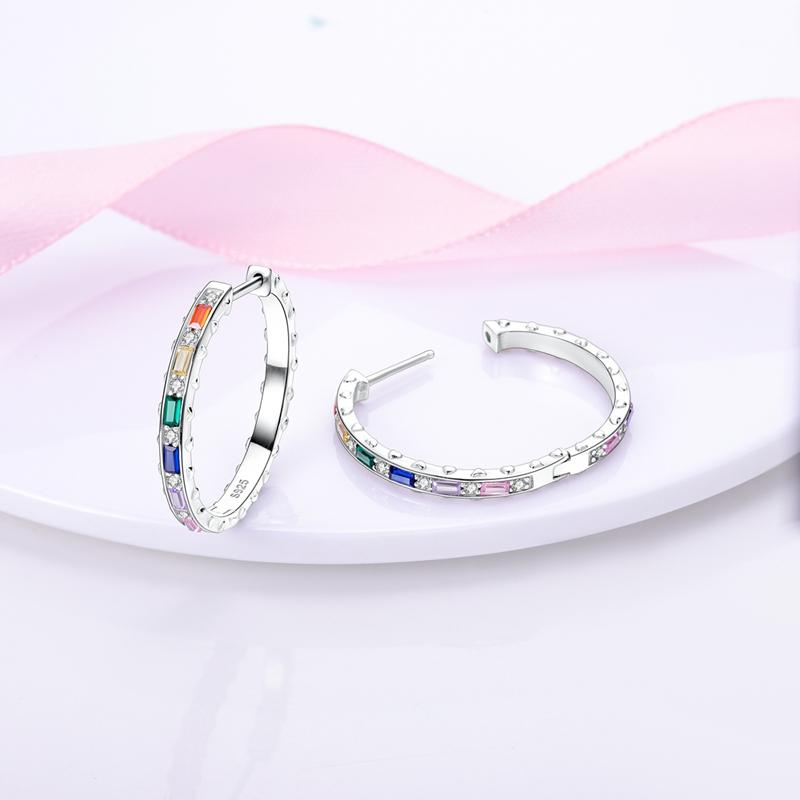 925 Silver Earrings Sparking Colorful Zirconia Hoop Earrings For Women Girls Party Anniversary Jewelry Gifts