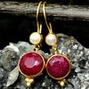 Classic Round Imitation Pearl Earrings Women Trendy Gold Color Metal Inlaid with Red Stones Hook Dangle Earrings Jewelry