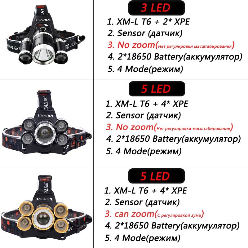 Kafa Işık Lambası Güç El Feneri Torch Far Far Sensörü Led Ampuller 2x 18650 Pil 30 w 4 Mod Lityum pil