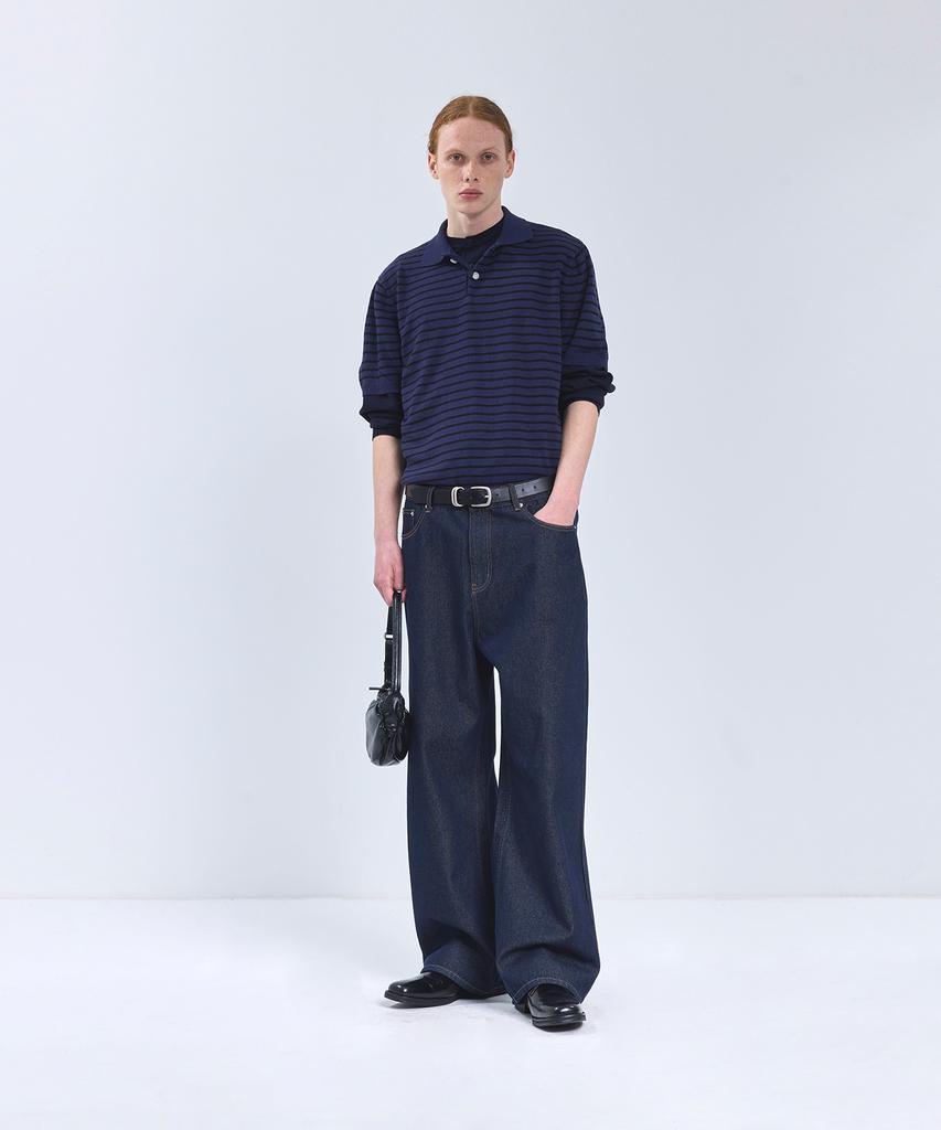 IRONYPORNO WHITELINE 86-Iro358 Color Stripe Button Collar Short Sleeve Knit Deep Navy