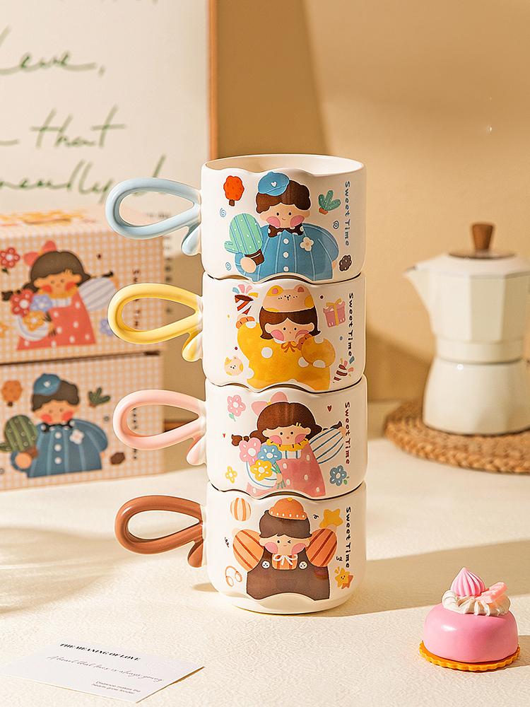 Comic Boys/Girls Ceramic Handle Water Cup Breakfast Cup Couple Coffee Mug Stackable Cup Colorful Paper Box Packaging