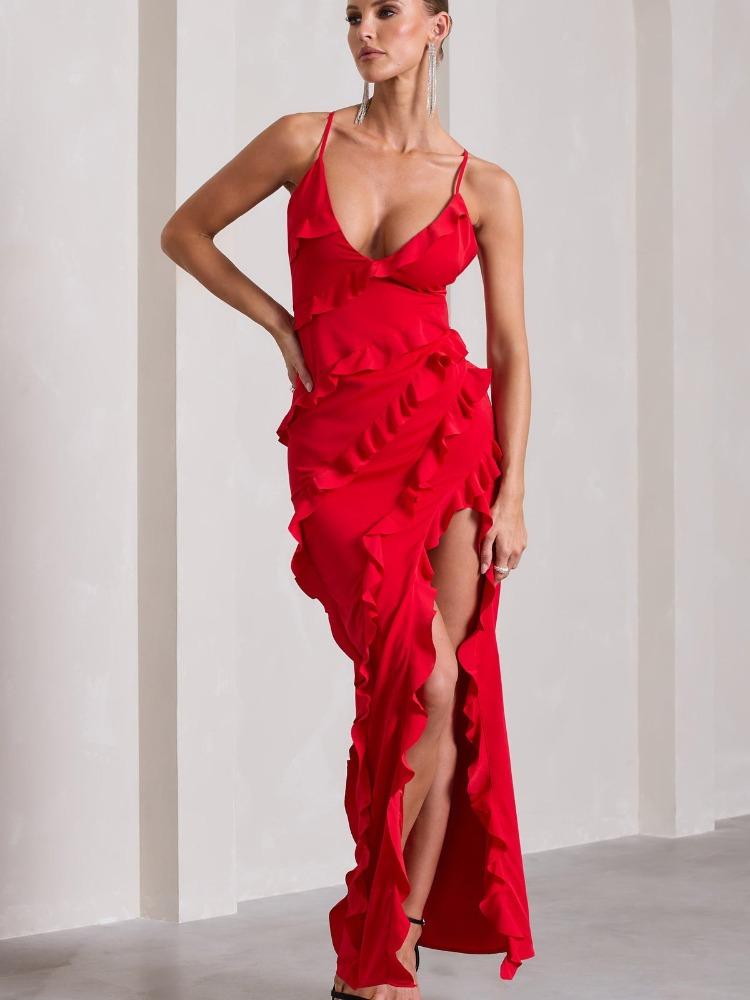 Backless Strapless Maxi Dress Women Summer V Neck Ruffles Side Slit Bodycon Party Dresses Black Red Evening Robes