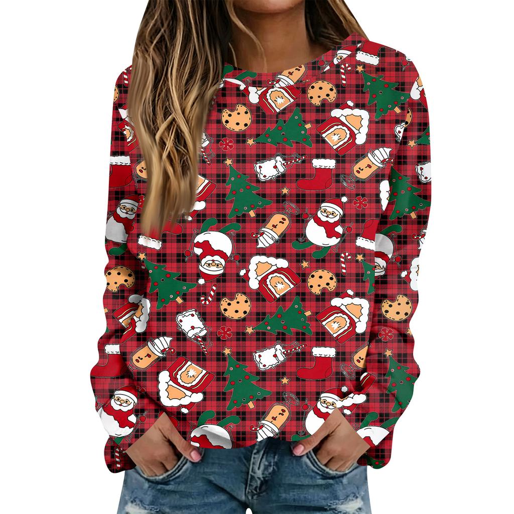 Women's Christmas Print Top Casual Long Sleeve Crewneck Holiday Shirt for Fall Winter Everyday Wear
